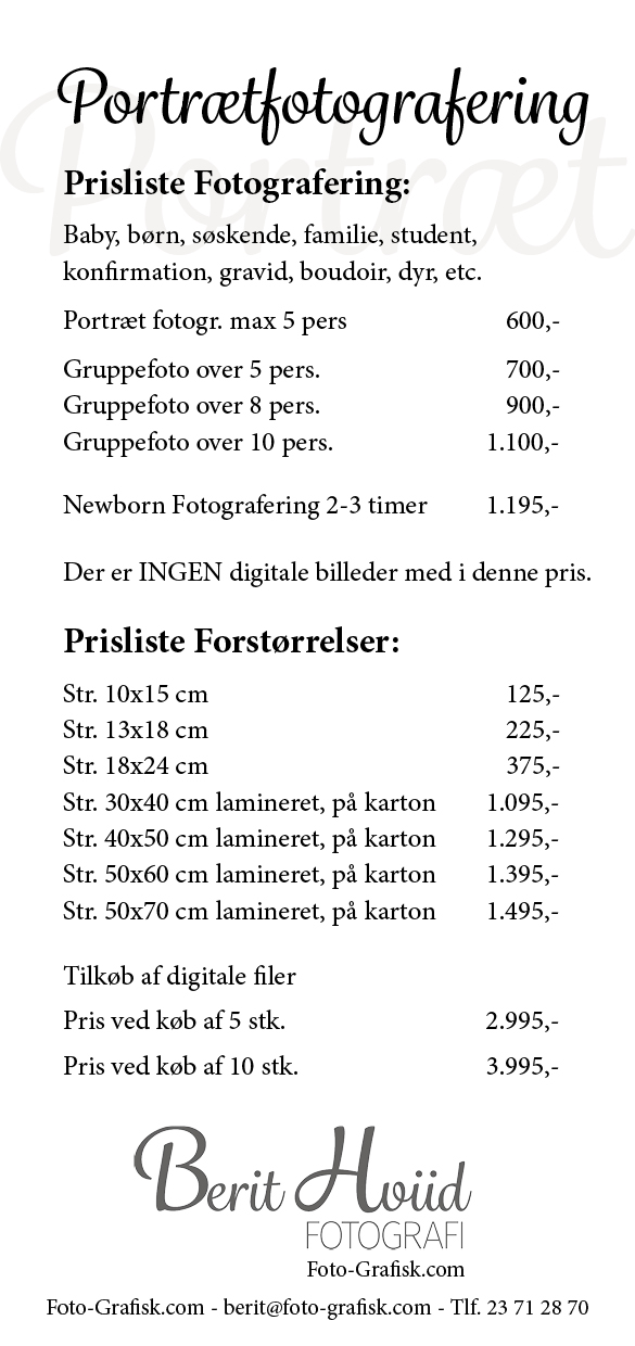 Prisliste fotograf
